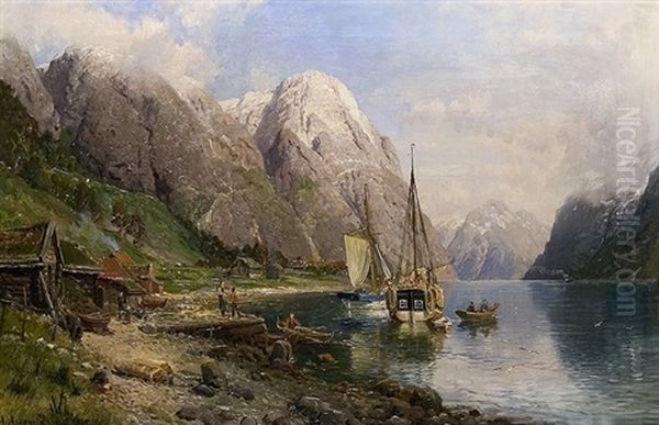 Sailing Ship In The Fjord Oil Painting by Anders Monsen Askevold