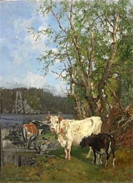 Kuer Ved Vanningssted Oil Painting by Anders Monsen Askevold