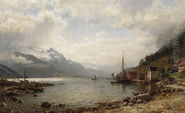 Norwegischer Fjord. Am Ufer Ein Kleines Fischerdorf Oil Painting by Anders Monsen Askevold