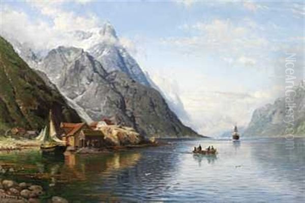 Passasjererne Roes Ut Til Dampbaten Oil Painting by Anders Monsen Askevold