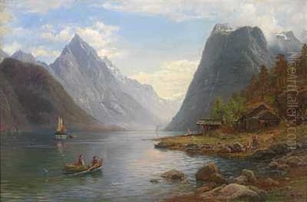 Vestlandsfjord Med Bater Oil Painting by Anders Monsen Askevold