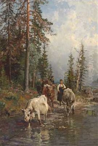 Kuer Ved Vadestedet Oil Painting by Anders Monsen Askevold