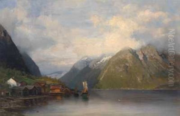 Vestlandsfjord Med Bondesamfunn Oil Painting by Anders Monsen Askevold