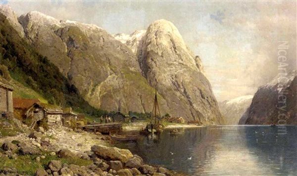 A Village By A Fjord Oil Painting by Anders Monsen Askevold