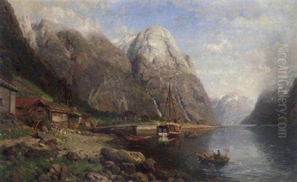 Et Vestlandsmiljo Oil Painting by Anders Monsen Askevold