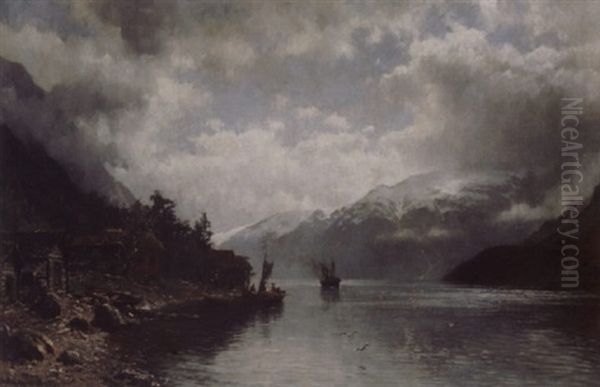 Dampbat I Fjord Oil Painting by Anders Monsen Askevold