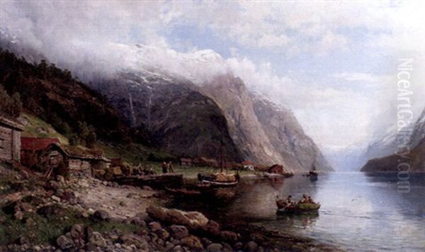 Fjordlandskap Med Folk Och Batar Oil Painting by Anders Monsen Askevold