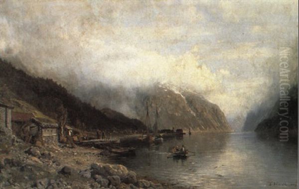 Norsk Fjordparti Med Sejlskibe Og Rob+de Ud For En Bygd Oil Painting by Anders Monsen Askevold