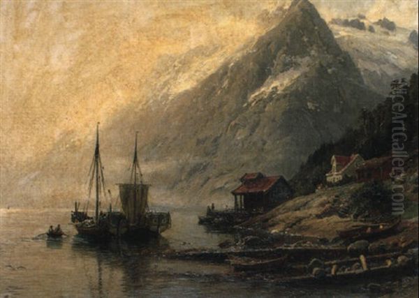 Fjord Landscape With Fishing Village Oil Painting by Anders Monsen Askevold