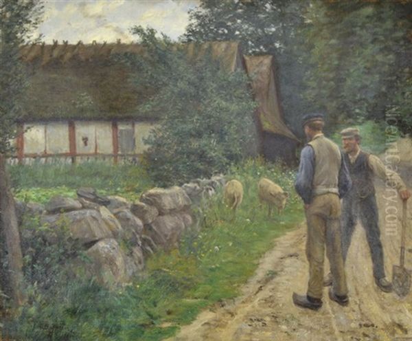 Sommarlandskap Med Lantarbetare Och Grisar Framfor Korsvirkeshus Oil Painting by Karl Aspelin