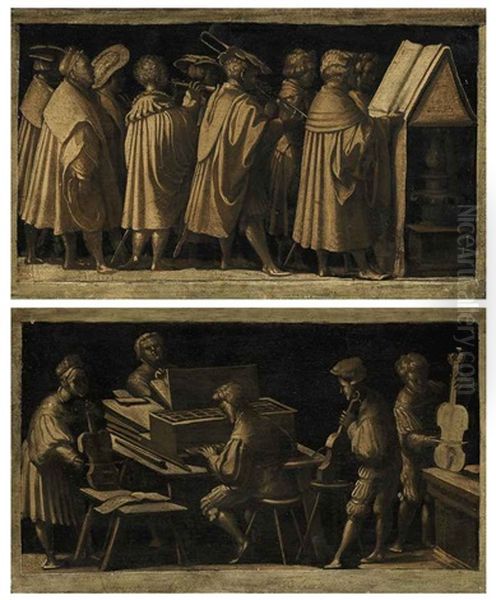 A Procession Of Musicians (+ A Multifold Chamber Organ Player Accompanying A Trio Of Viol Players; Pair) Oil Painting by Amico Aspertini