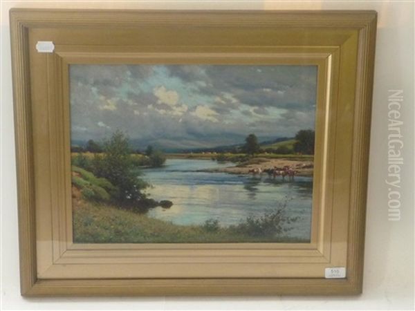 Cattle Watering In The Lune Valley Oil Painting by Reginald Aspinwall