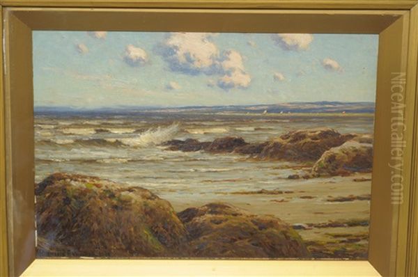 Beach Scene, With Shrimp Boats In The Distance Oil Painting by Reginald Aspinwall