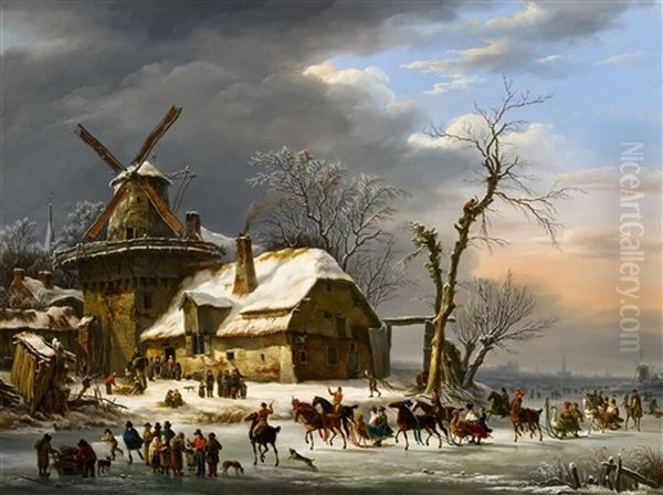 Winter Landscape With A Frozen Canal And A Windmill Oil Painting by Hendrick Van Assche