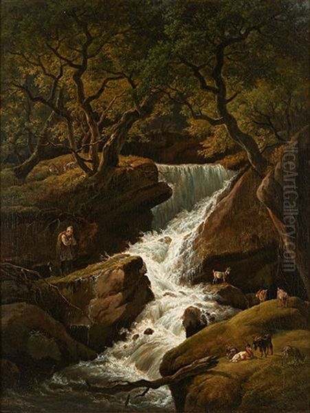 Berger Et Son Troupeau Separes Par Une Cascade Oil Painting by Hendrick Van Assche