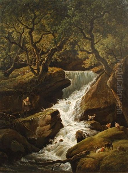 Berger Et Chevres Traversant Une Riviere Avec Cascade Oil Painting by Hendrick Van Assche