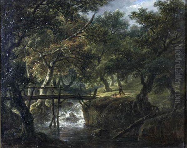 Waldlandschaft Mit Wasserfall Und Brucke, Auf Dem Weg Ein Jager Mit Hund Oil Painting by Hendrick Van Assche