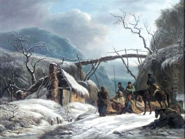 Winter Landscape With Resting Lancers Oil Painting by Hendrick Van Assche