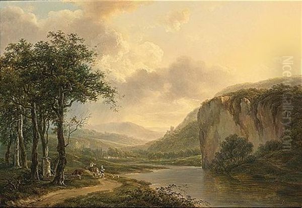 Figures Travelling Along The River Maas Near Dinant Oil Painting by Hendrick Van Assche