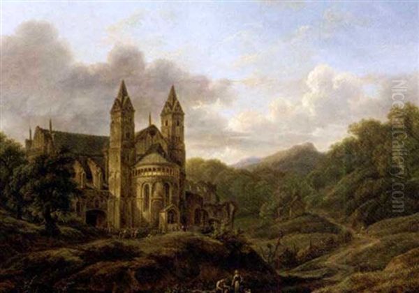 Pilgrims At A Church In A Wooded Valley Oil Painting by Hendrick Van Assche