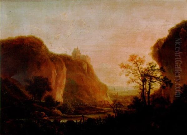 A River Landscape With Travellers Below A Hilltop Church Oil Painting by Hendrick Van Assche