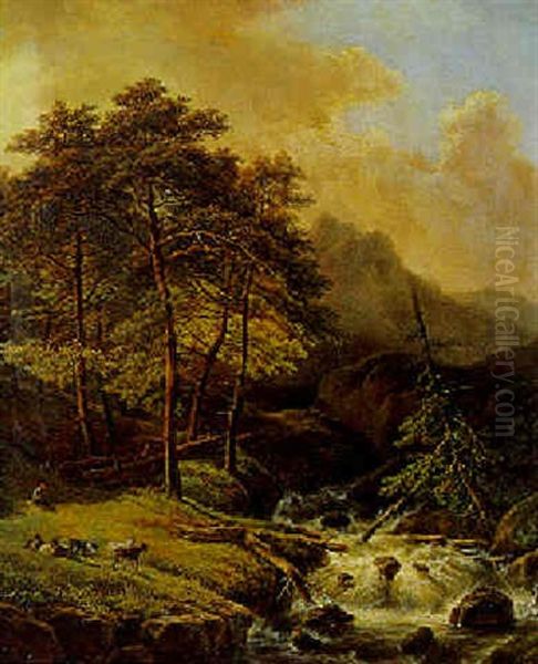 Paturage Au Bord De La Cascade Oil Painting by Hendrick Van Assche