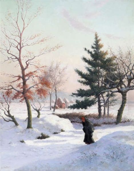 Woman Gathering Branches In The Snow Oil Painting by Alphonse Asselbergs