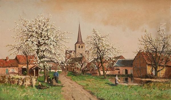 La Floraison Des Cerisiers A Genck Oil Painting by Alphonse Asselbergs