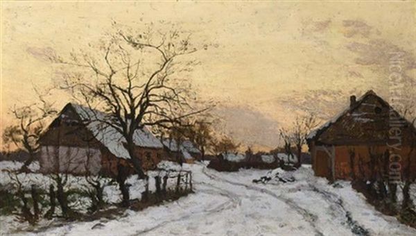 Farmhouses In The Snow Oil Painting by Alphonse Asselbergs