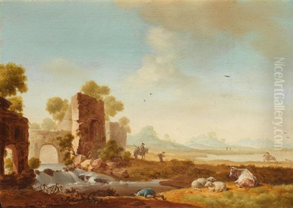 A Drover Drinking From A Stream, A Waterfall Beyond Oil Painting by Jan Asselijn