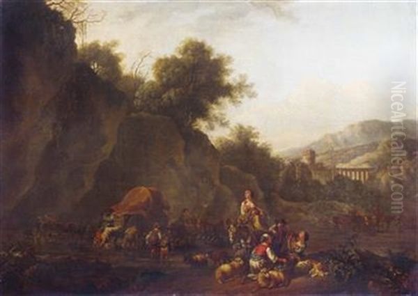 Rastende Und Reges Treiben Beim Fahren In Italienischer Landschaft Oil Painting by Jan Asselijn