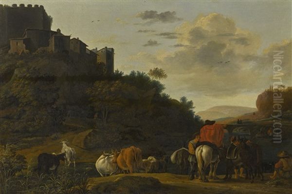 Landscape With Riders And Cows, A Castle Beyond Oil Painting by Jan Asselijn