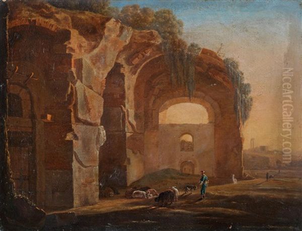 An Italianate Landscape With A Shepherd Before Classical Ruins, Possibly The Baths Of Diocletian Oil Painting by Jan Asselijn