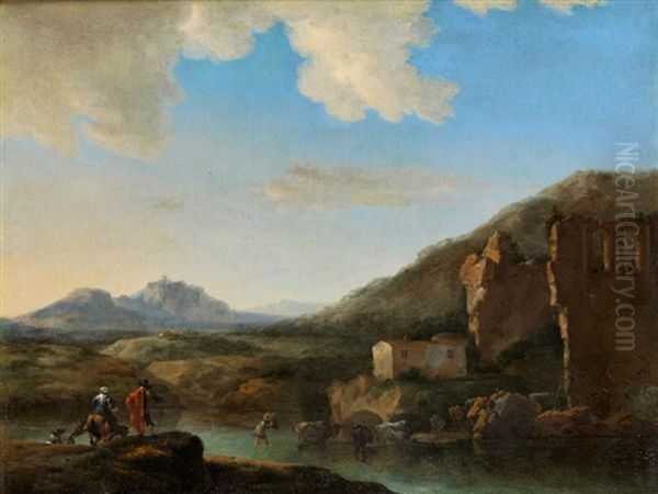 Italienische Fantasielandschaft Mit Einer Furt Im Fluss Oil Painting by Jan Asselijn