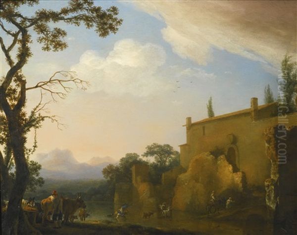 An Italianate Landscape With Peasants And Animals Fording A River Oil Painting by Jan Asselijn