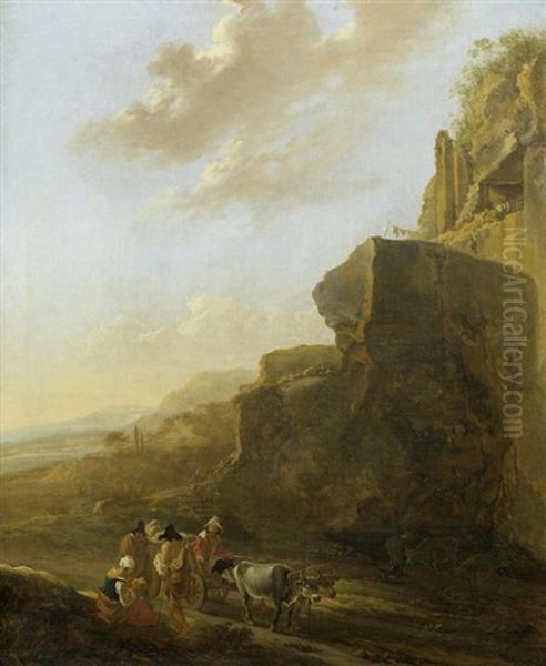 A Rocky Landscape With Four Figures Conversing In The Foreground Oil Painting by Jan Asselijn