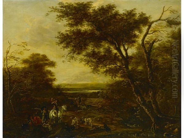 A Wooded Landscape With Huntsmen And Their Dogs Oil Painting by Jan Asselijn