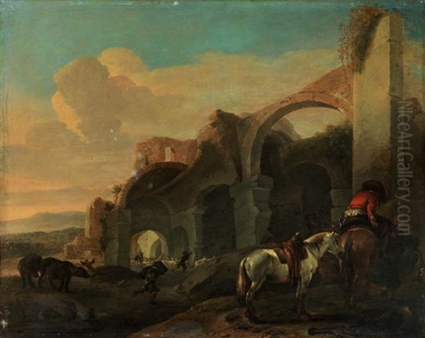 Sudliche Landschaft Mit Ruinen, Rastendem Reiter Mit Zwei Pferden Oil Painting by Jan Asselijn