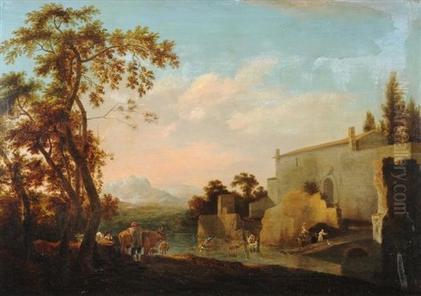 Bauern Mit Viehherde Vor Einer Ruine Oil Painting by Jan Asselijn