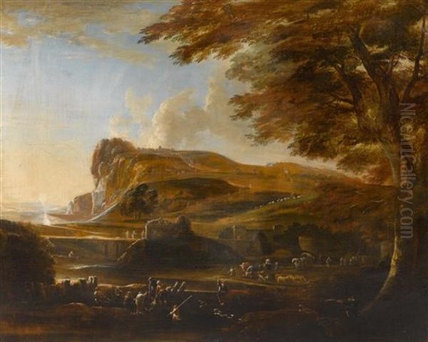 Weite Idyllische Landschaft Mit Hirten, Fischer Und Reisenden Oil Painting by Jan Asselijn