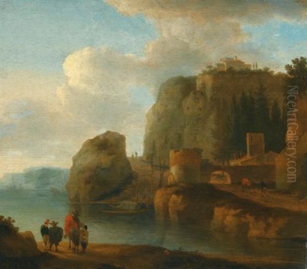 A Rocky River Landscape With Travellers In The Foreground And Ships Beyond Oil Painting by Jan Asselijn