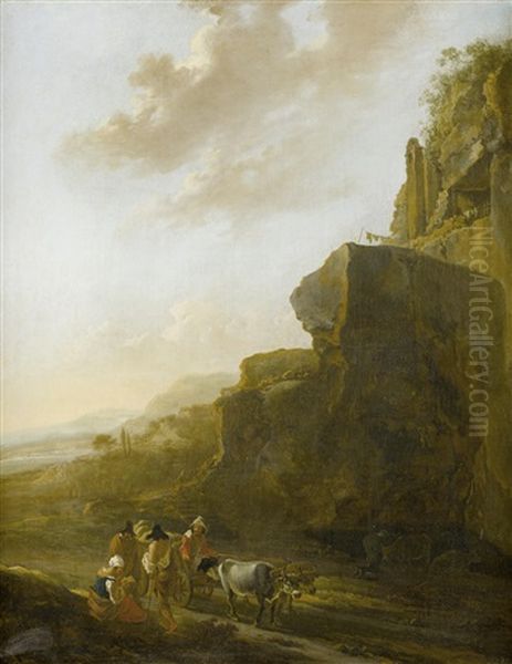 A Rocky Landscape With Four Figures Conversing In The Foreground Oil Painting by Jan Asselijn