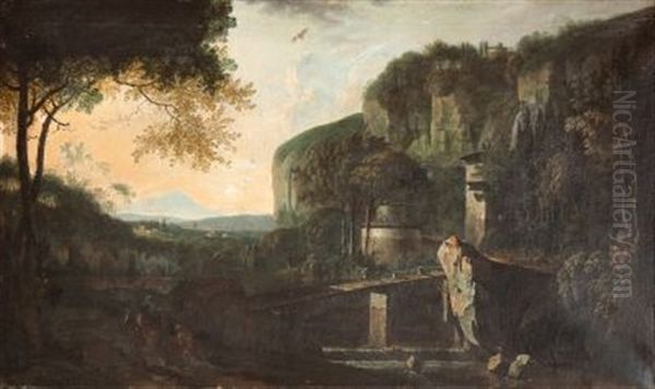 Sudliche Gebirgslandschaft Mit Rundtempel An Einem Fluss by Jan Asselijn