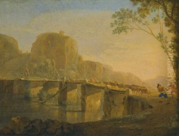 Landscape With Shepherds And Their Flock Crossing The Ponte Acquoria Near Tivoli Oil Painting by Jan Asselijn