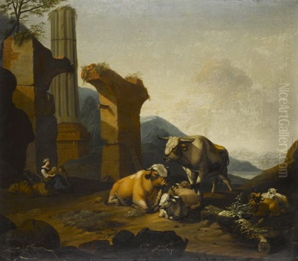 Hirtin Mit Vieh Vor Einer Ruine In Weiter Landschaft Oil Painting by Jan Asselijn