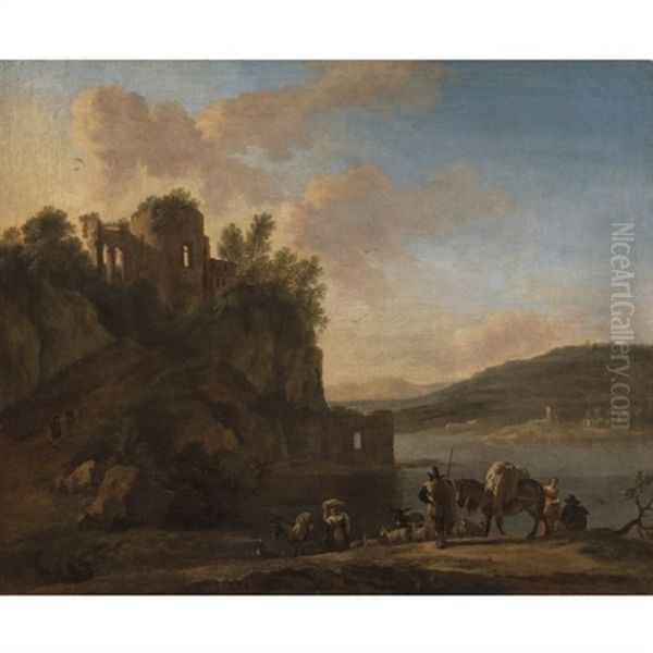 An Italianate River Landscape With Herders On A Path With Their Flock And Donkeys, Classical Ruins On A Hilltop Beyond Oil Painting by Jan Asselijn