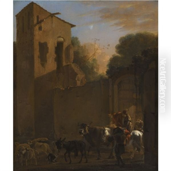 Travellers Leaving A Town Oil Painting by Jan Asselijn