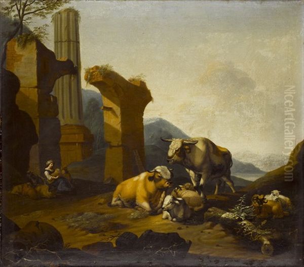 Hirtin Mit Vieh Vor Einer Ruine In Weiter Landschaft Oil Painting by Jan Asselijn