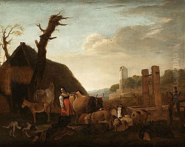 Pastoralt Landskap Med Herdepar, Kreatur Och Hund Oil Painting by Jan Asselijn