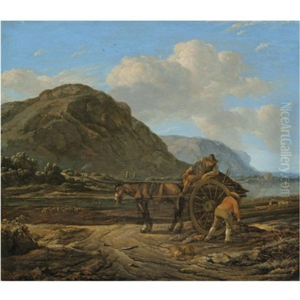 A Landscape With A Horse And Cart And Two Farmers In The Foreground With Kelp Gatherers On The Shore Beyond Oil Painting by Jan Asselijn